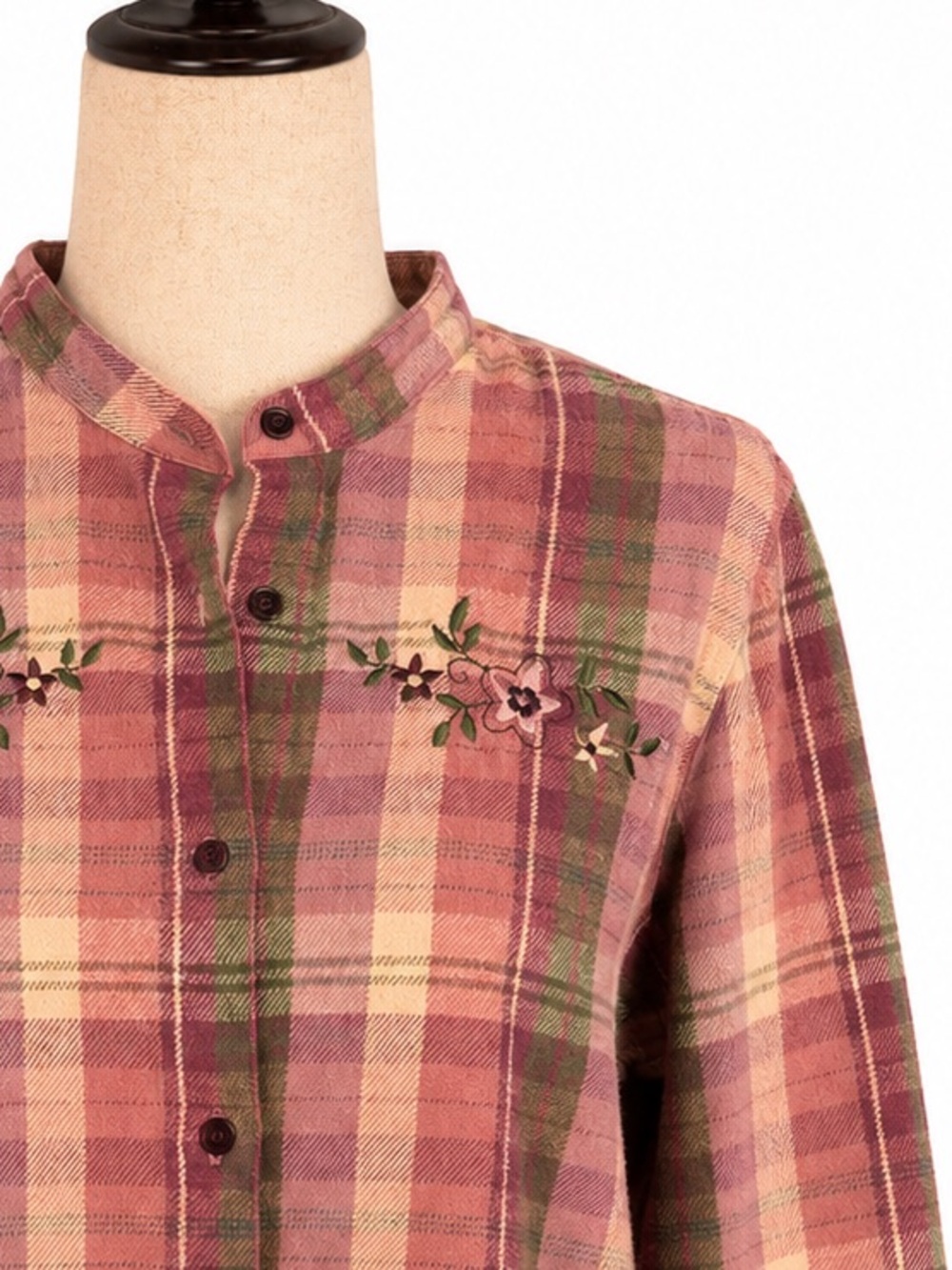Cottagecore Pink/ Green Plaid Button-Up collarless flannel- floral embroidery- M